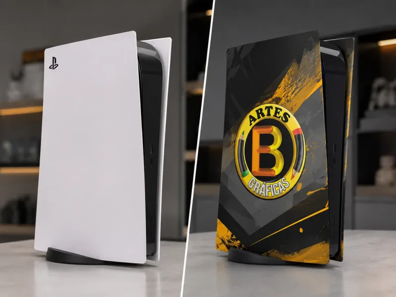 Videogame com envelopamento personalizado — antes e depois